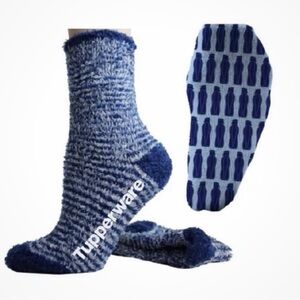 NEW TUPPERWARE SOCKS ANTI-SKID LARGE 9-13 BLUE PLUSH NON SLIP COMFY COZY UNISEX
